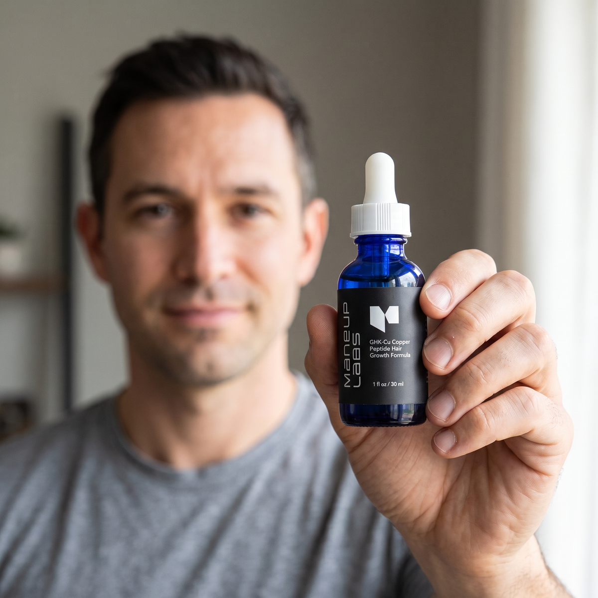 A man's hand holding the Restore copper peptide serum bottle