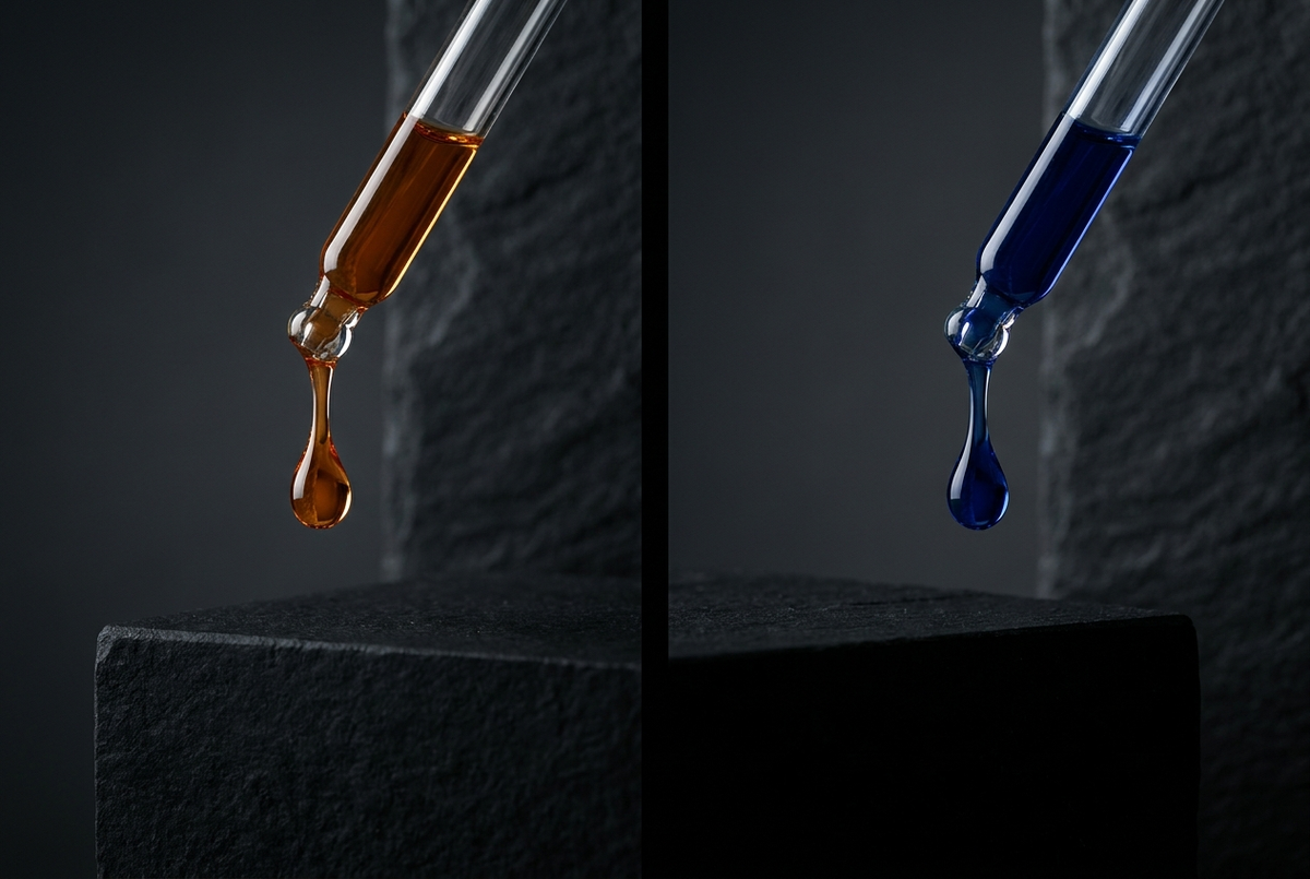 Amber and cobalt blue dropper bottles representing minoxidil and Copper Tripeptide-1