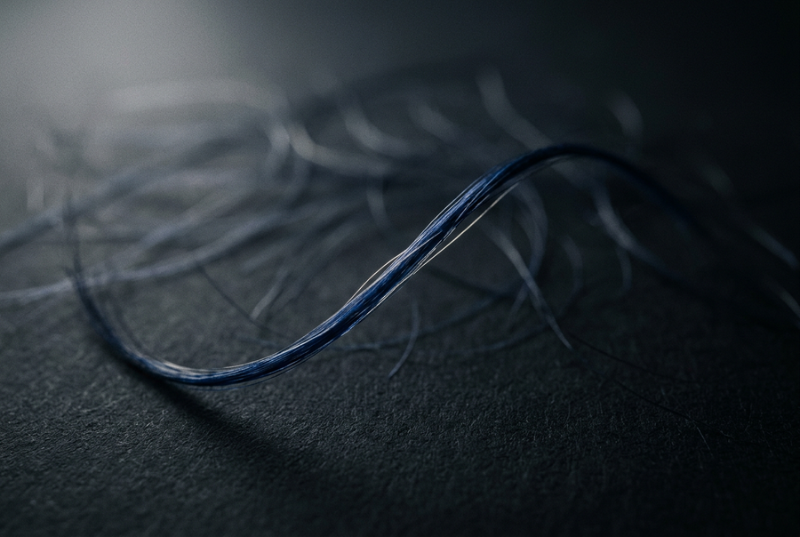 Single dark cobalt blue hair strand caught in soft directional light against a deep graphite background