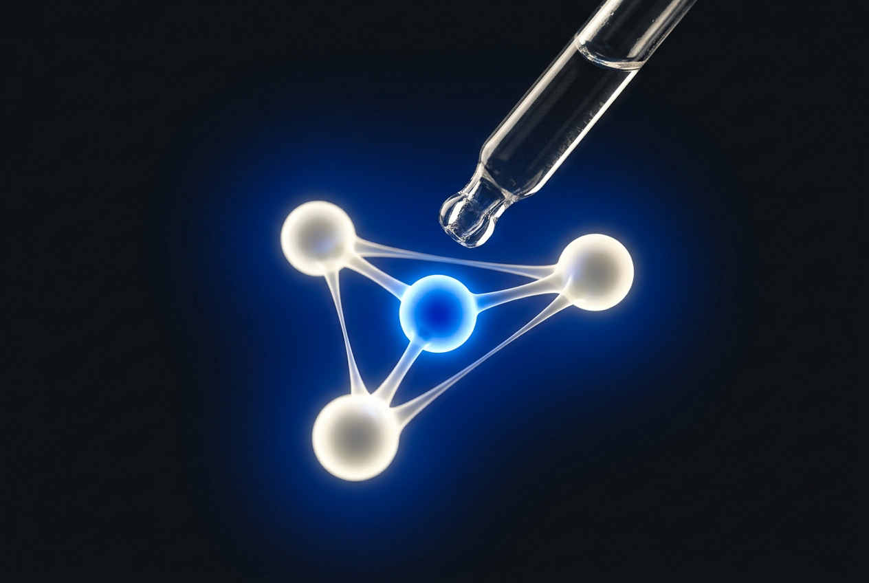 Glass dropper above a luminous tripeptide molecular structure with a glowing cobalt blue copper ion