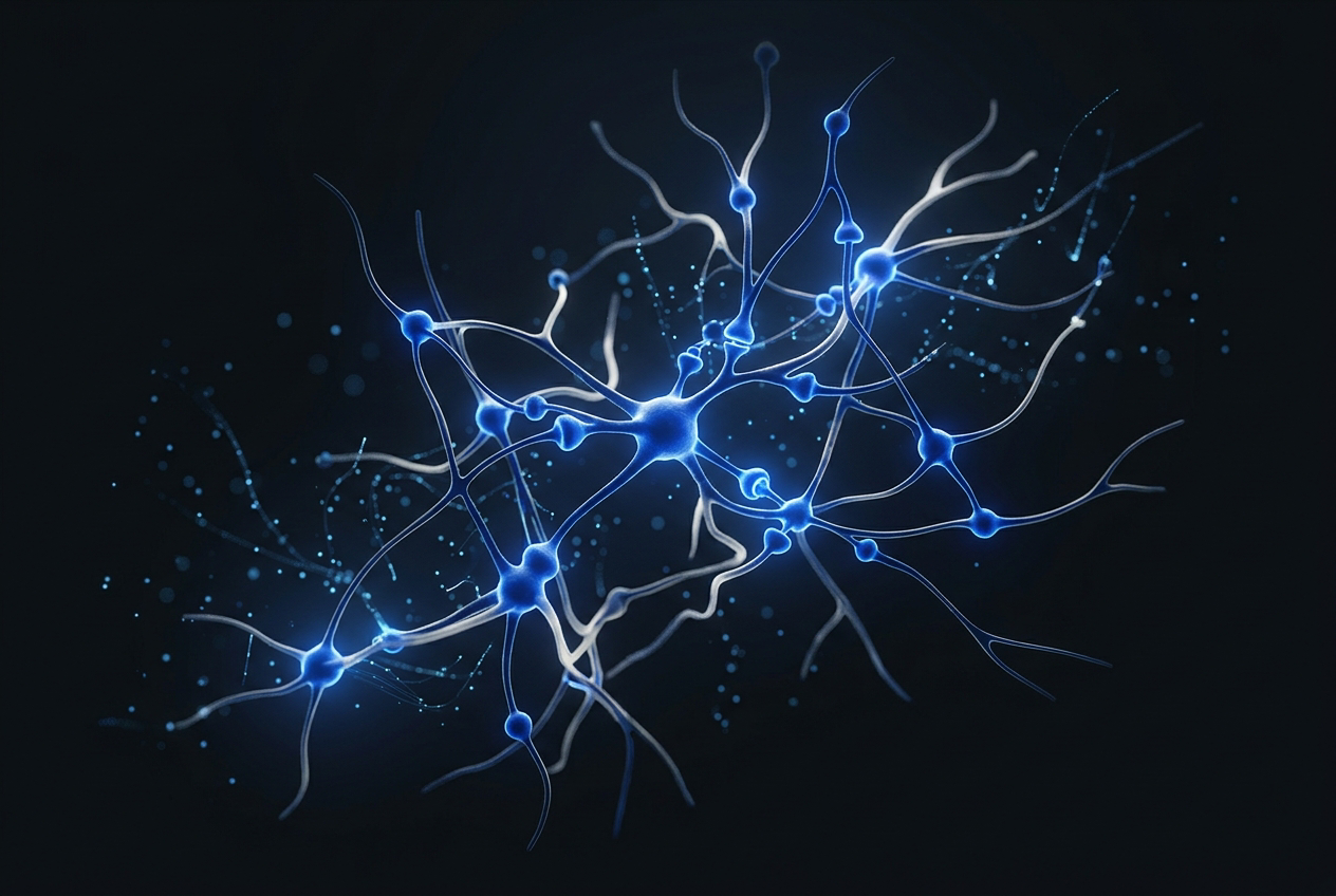 Abstract visualization of branching cellular signaling pathways with glowing cobalt blue nodes