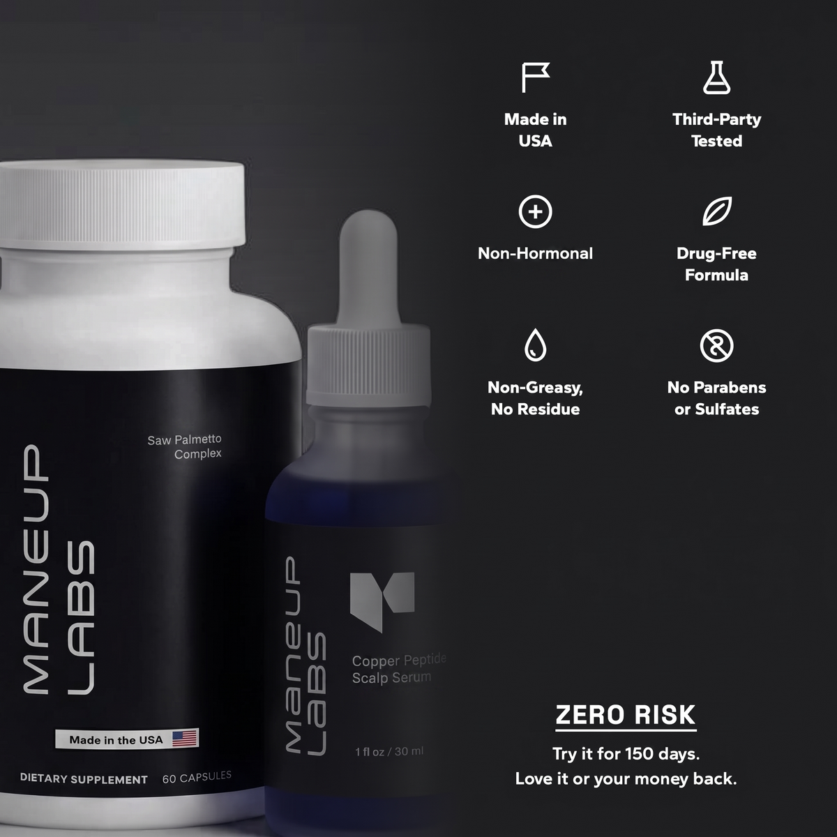Made in USA, third-party tested, non-hormonal, drug-free — 150-day refund