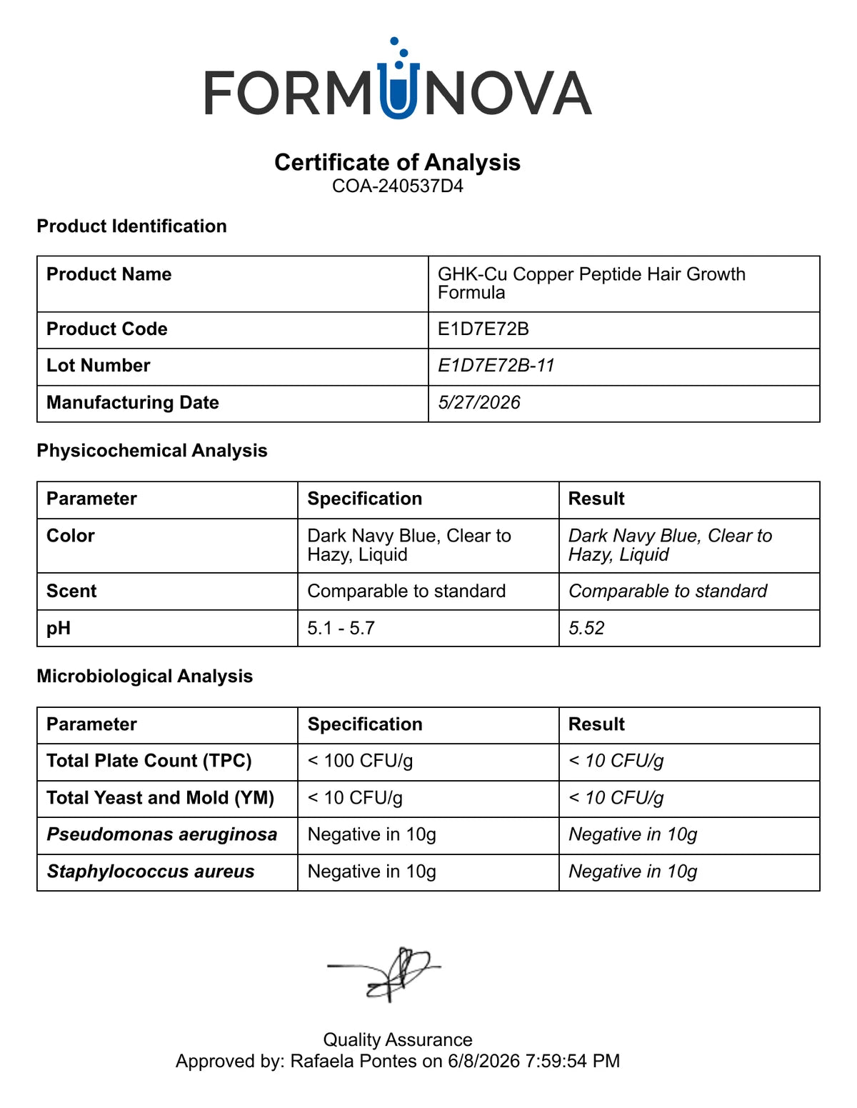Restore Certificate of Analysis, lot 240537D4: pH, microbiological and appearance tests, all within specification